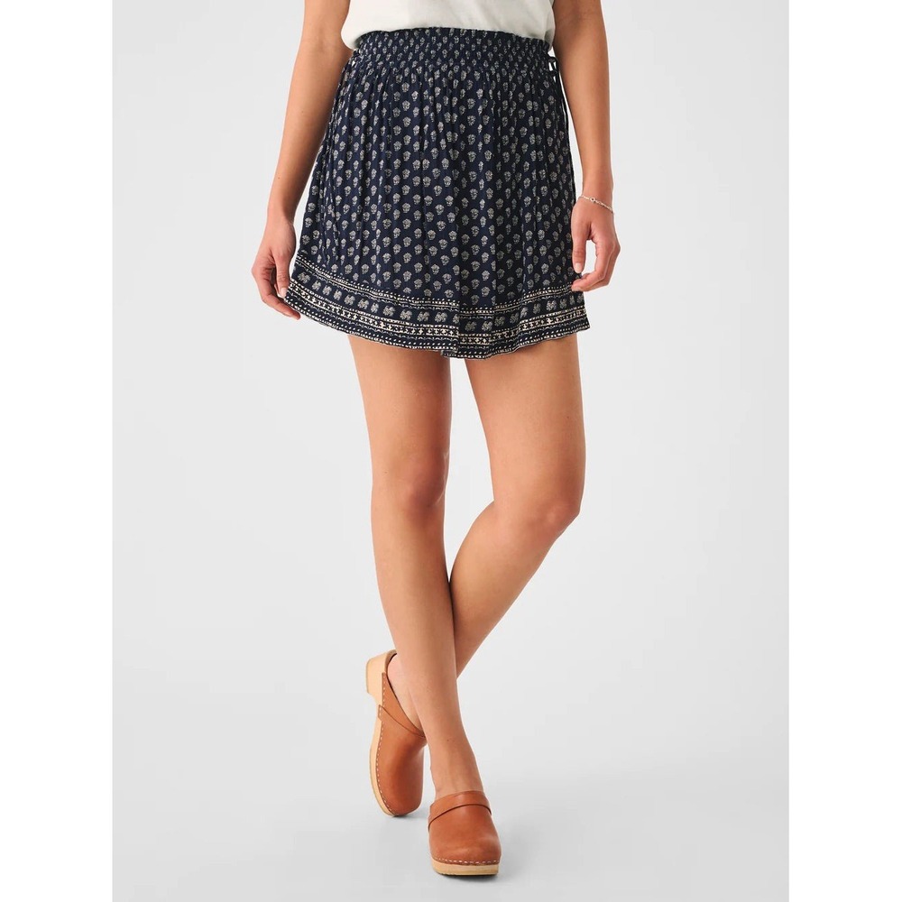 Faherty Women's Emery Skirt LARGE Smocked Waist Side Tie Pockets Navy‎ Floral